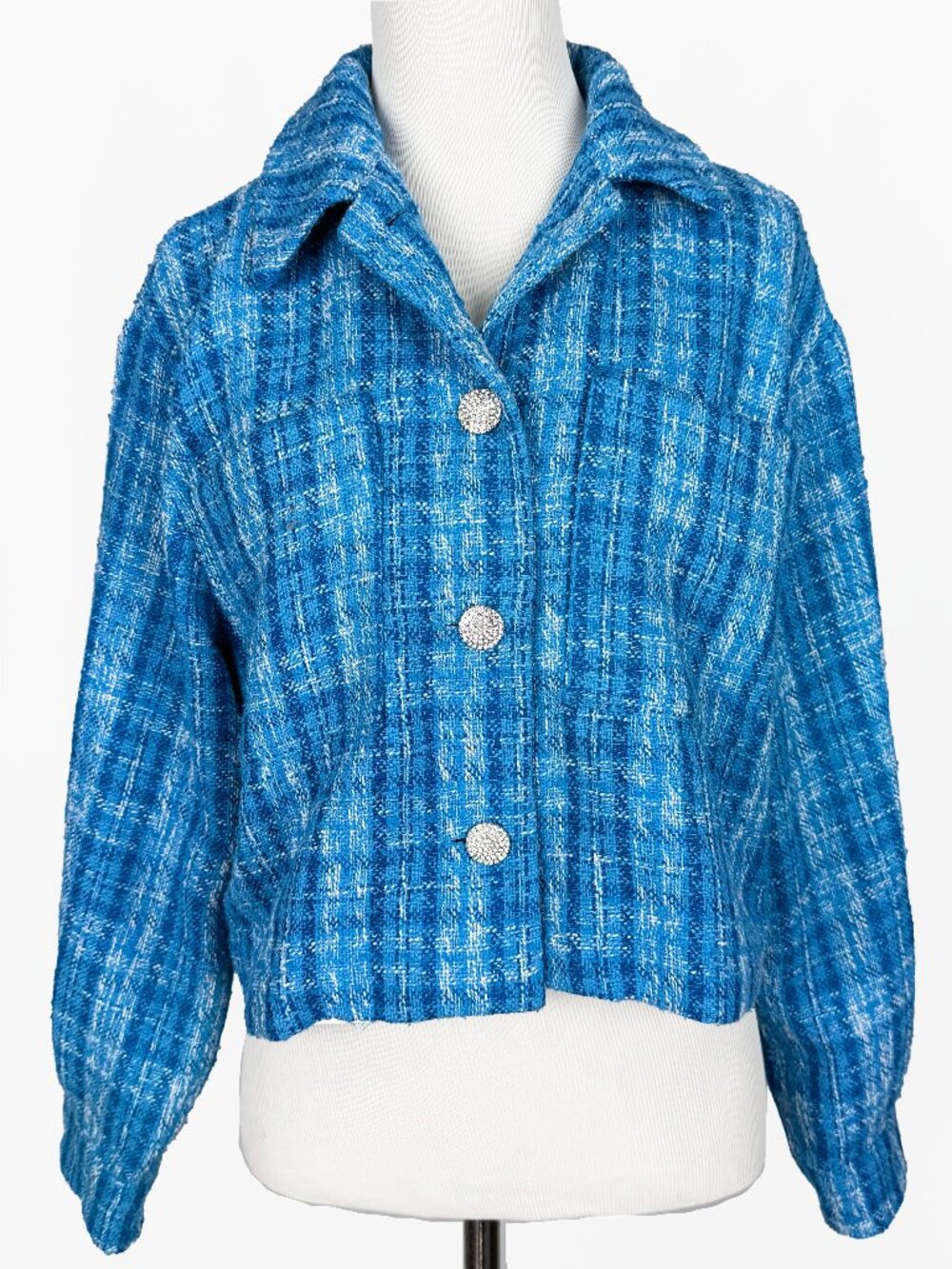 ZARA Blue Tweed Cropped Jacket Overshirt Rhinestone Crystal Buttons Women's M